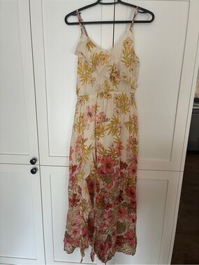 BILLABONG Floral V-Neck Spaghetti Strap Maxi Dress in Cream and Pink